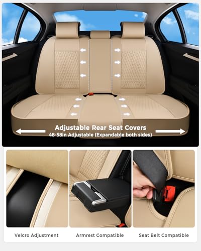 Huidasource Beige Back Seat Covers, Luxury Nappa Leather Rear Seat Cover with Velcro Adjustable, Child Seats, Ventilation Holes, Seat Belts, Car Back Seat Cover Fit for Most Cars SUV Trucks, Beige - color: R# Beige, size: Rear