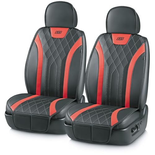 Skechers MAX Cushioning Car Seat Covers,Memory Foam Leather Car Seat Protectors, Airbag Safe Waterproof Sideless Front Seat Covers with Storage Pocket,Universal Fit for Cars Trucks SUV, Red 2PCS - color: Black and Red