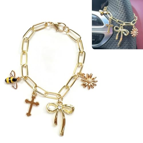 Cross Steering Wheel Charm for Women Men,Daisy Bee Bow Car Decor Accessories,Valentine's Day Gift for Girlfriend Wife,Catholic Car Rosary for Daughter Mom,New Car Gift,Christian Mirror Decor