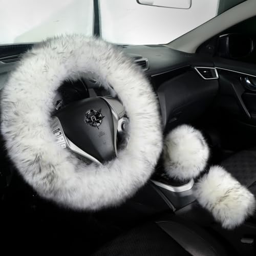 Fuzzy Genuine Sheepskin Steering Wheel Cover Set for Women Parents-Fluffy Soft Australian Merino Wool Fur Wrap with Gear Shift and Hand Brake Covers, Cozy Stylish Luxury Car Accessories (Wolf Tipped) - color: Wolf Tipped