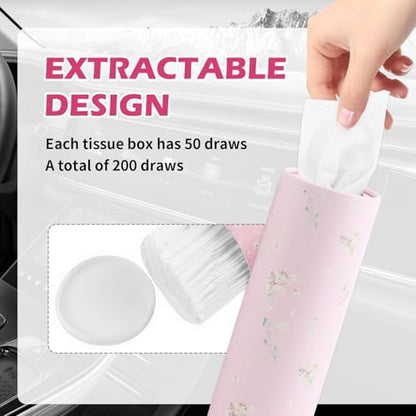 4PCS Cars Tissue Holder,Refillable & Pull-Out Car Tissues Cylinder with 50-Count Per Box,Exquisite Cup Holder Tissues for Cars with Easy Open Lid for Travel and Daily Use