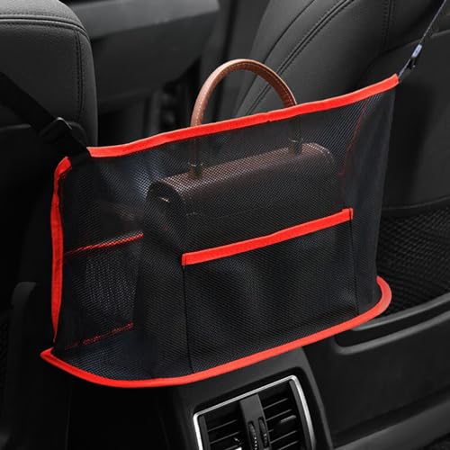 Car Net Pocket Handbag Holder, Auto Net Pocket Purse Holder Between Front Seats Car Storage Organizer, Universal Interior Accessories Barrier of Backseat Pet Kids (Black Red) - color: Black red