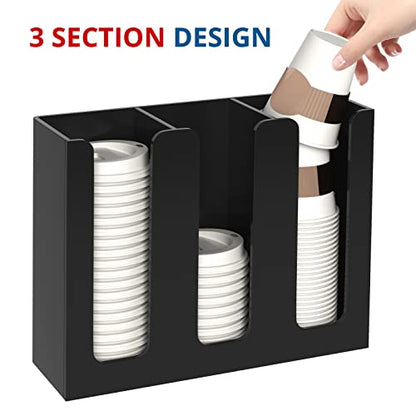 Acrylic Cup and Lid Holder, 3 Compartment, Disposable Coffee Cup Dispenser Cup Storage Organizer, Black - color: Black
