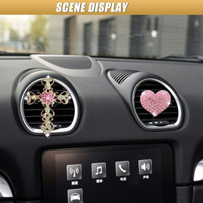 2PCS Bling Cross & Heart Car Dashboard Air Vent Trim Clip, Sparkly Rhinestone Car Air Vent Clips, Diamond Auto Diffuser Charm Clip, Auto Interior Decoration Accessory for Women Girls (Pink) - size: Pink