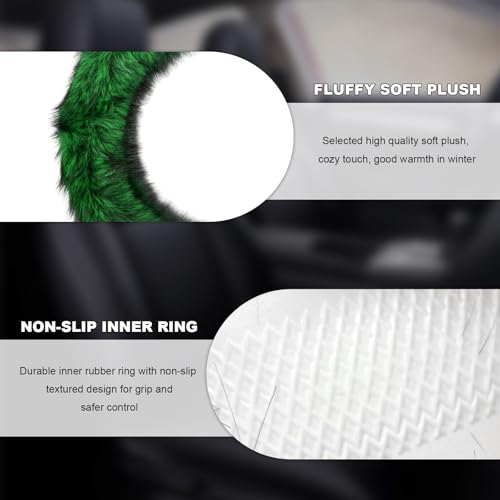 Fluffy Steering Wheel Cover, 15 Inch Anti-Slip Microfiber Plush Fuzzy Steering Wheel Cover, Winter Warm Elastic Fuzzy Steering Wheel Covers for Women and Men, Car Accessories (Green) - color: Green