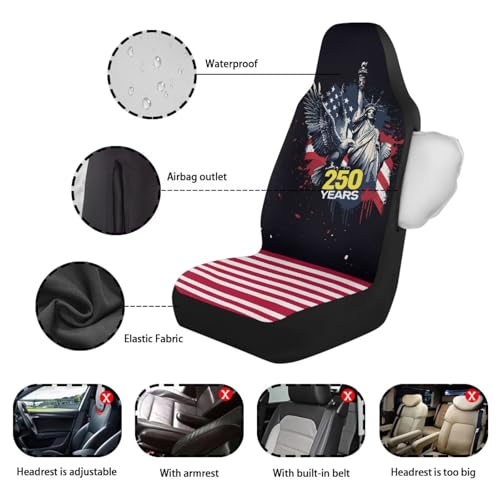 250th Anniversary Car Front Seat Cover Set of 2, American Flag Printed Waterproof Car Seat Cover for Front Seats, Airbag Compatible, All Weather Protector, Universal Fits - color: Black and Red - 250th Anniversary