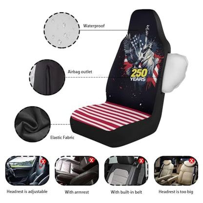 250th Anniversary Car Front Seat Cover Set of 2, American Flag Printed Waterproof Car Seat Cover for Front Seats, Airbag Compatible, All Weather Protector, Universal Fits - color: Black and Red - 250th Anniversary
