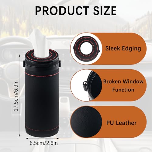 2 Pcs Car Tissues Cylinder Leather Round Tissues Container Car Tissues Holder with Tissues Cylinder Tissue Box with Window Breaker for Car Vehicle Bathroom Office