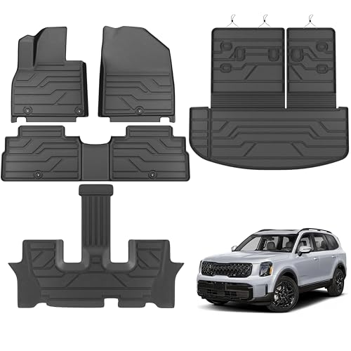 KARPAL Floor Mats for 2025 2024 2023 2022 2021 2020 Kia Telluride LX/S/EX/SX 7&8 Seats (Not for 2027), TPE All Weather Custom Fit Floor Liners Full Set Car Mats Kia Telluride Accessories - style: 2020-2025 | For Kia Telluride | Combo Set