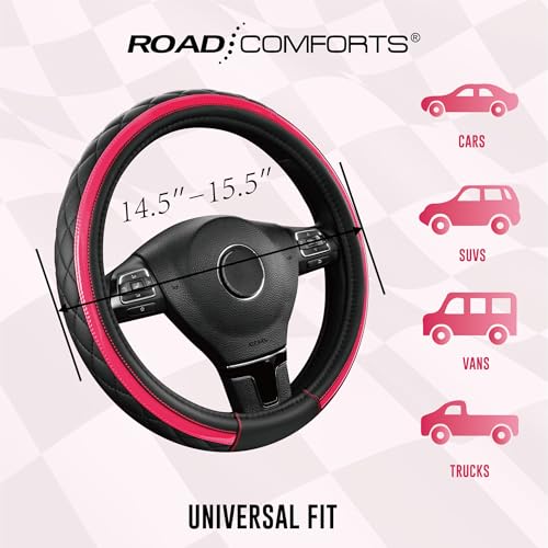 Road Comforts Leather Steering Wheel Cover – Black & Hot Pink, Universal Fit 14.5-15 Inch, Microfiber Leather, Anti-Slip & Breathable Design for Men and Women - color: Hot Pink