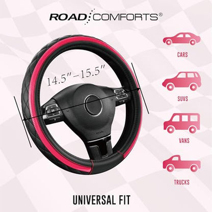Road Comforts Leather Steering Wheel Cover – Black & Hot Pink, Universal Fit 14.5-15 Inch, Microfiber Leather, Anti-Slip & Breathable Design for Men and Women - color: Hot Pink