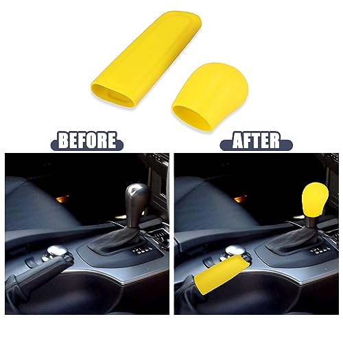 X AUTOHAUX Car Handbrake Cover Gear Shift Knob Cover Car Shifter Protector Set Universal Silicone Yellow
