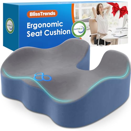 BlissTrends Seat Cushion,Thick Memory Foam Cushions for Office Chair, Car Seat, Airplane, Relieving Pressure Tailbone Sciatica Back Pain for Office Workers, Car Drivers 4.7in Thick Dark Grey&Blue - color: Grey&blue, size: Large