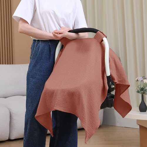 100% Muslin Cotton Car Seat Cover Baby, Carseat Canopy Cover, Universal Fit Stroller Covers for Boys and Girls (Blush) - color: blush