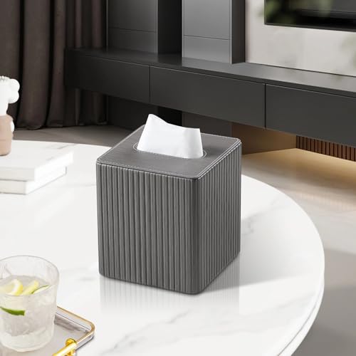 PU Leather Tissue Box Cover Square Tissue Box Holder with Magnetic Closure (Slate Grey Fluted) - color: Slate Grey Fluted