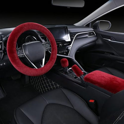 1 Set 6 Pcs Fluffy Car Steering Wheel Cover & Seat Belt Shoulder Pads & Handbrake Cover & Gear Shift Cover Set & Seat Belt Shoulder Pads Faux Wool Universal Fit Car Interior Accessories (Wine Red) - color: Wine Red