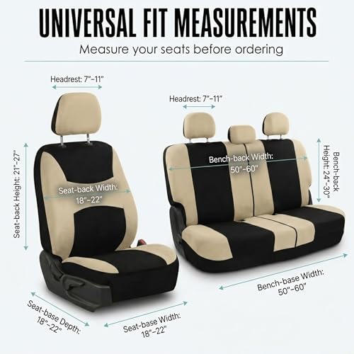 Automotive Seat Covers Beige Black Universal Fit Seat Cover Combo Set with Steering Wheel Cover and Seat Belt Pad (Airbag Compatible and Split Bench) - color: Beige/Black