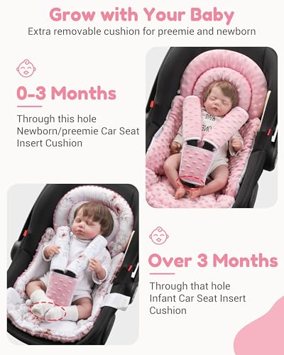 BOMOLOUR Infant Car Seat Insert with Removable Cushion for Baby Preemie Newborn Infant, Reversible carseat Insert Head Body Support Fits for Stroller, Baby Swing, Rocker, Bouncer, Bassinet - Pink