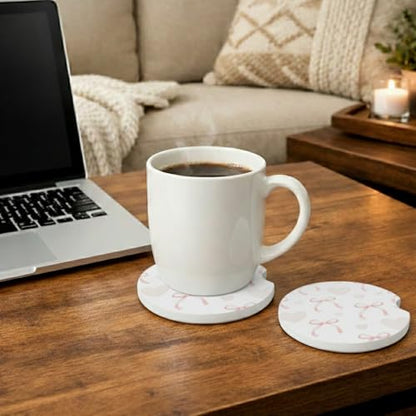 Ceramic Car Coasters, 2 Pack, 2.64" Absorbent Car Cup Holder Coasters, Cute Ceramic Car Coasters for Women, Heart Bow Pattern - color: Heart Bow