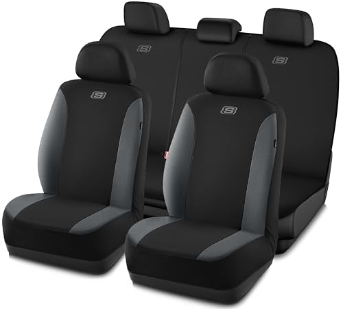 Skechers Seat Covers, Premium Breathable Polyester Seat Covers, Car Seat Covers Full Set Airbag Compatible, Automotive Comfort for Most Cars, Vans, Trucks, SUVs (Full Set,Grey) - color: Black and Grey, size: Full Set
