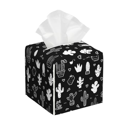 Cactus Black and White Tissue Box Cover Square, Waterproof Leather Tissue Box Holder Portable Dispenser Modern Home Decoration for Bathroom Car Nightstand Vanity - color: Cactus Black and White