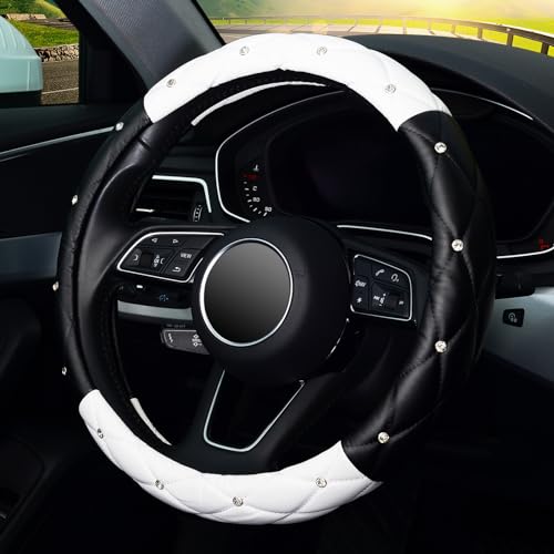 Diamond Soft Leather Steering Wheel Cover with Bling Bling Crystal Rhinestones, Universal 15 inch, Black White - color: Black and White, size: Medium(Standard) Size[14.5"-15"]