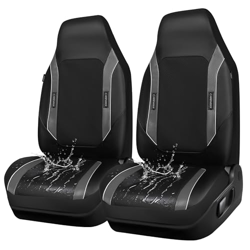 CAR PASS High Back Car Seat Cover Two Front Seats, Sporty Carbon Fiber 3D Waterproof Oxford Luxury Leather All Weather Bucket Seat Cover, Airbag Compatible Universal Fit Car Suv Sedan Truck Black Gray - color: Black and Gray