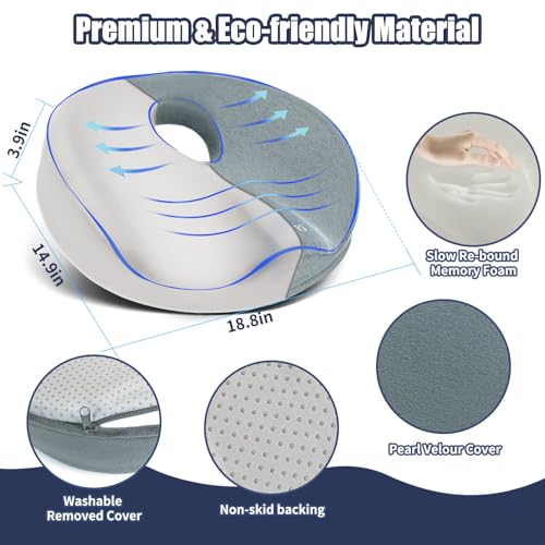 Donut Pillow for Tailbone Pain Relief and Hemorrhoids, Memory Foam Donut Cushion for Sciatica Nerve, Seat Cushion Butt Pillow for Men Women at Home Office Chair Car Long Sitting Comfort, Gray