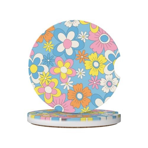 2-Pack Absorbent Car Coasters Retro Flowers - Ceramic & Non-Scratch Cork Base Cup Holder Coasters Universal 2.56" - color: Retro Flowers