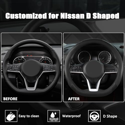 Flat Bottom Car Steering Wheel Cover for Nissan,D Shaped Steering Wheel Cover for Rogue,Altima,Kicks (Black-Standard Size)