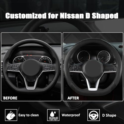 Flat Bottom Car Steering Wheel Cover for Nissan,D Shaped Steering Wheel Cover for Rogue,Altima,Kicks (Black-Standard Size)