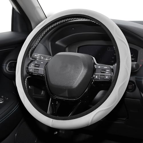 Leather Car Steering Wheel Cover, Universal 15 inch Microfiber Leather Steering Wheel Cover, Anti-Slip Breathable Steering Wheel Decoration, Steering Wheel Accessories for Women Men - color: Damaskeen White