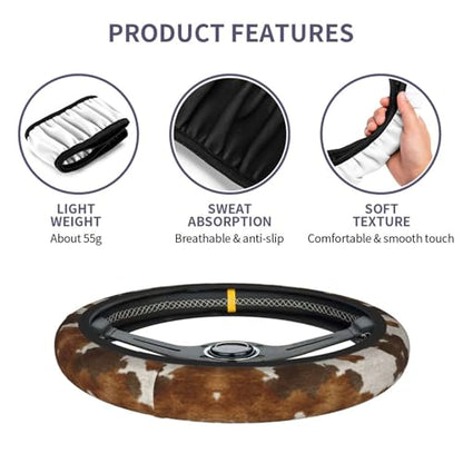 Western Cow Print Steering Wheel Cover Elastic Non-Slip Car Steering Wheel Covers with Seat Belt Shoulder Pad for Women Men - color: Western Cow Print