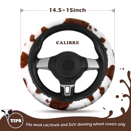3PCS Cow Print Steering Wheel Cover Plush, Auto Cute Furry Cows Pattern Hand Brake & Shift Gear Covers Universal Soft Warm Car Interior Accessories for Women Men (Brown Cow Print, 15 inch)