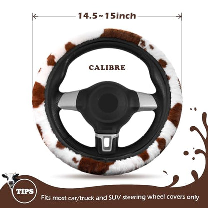 3PCS Cow Print Steering Wheel Cover Plush, Auto Cute Furry Cows Pattern Hand Brake & Shift Gear Covers Universal Soft Warm Car Interior Accessories for Women Men (Brown Cow Print, 15 inch)