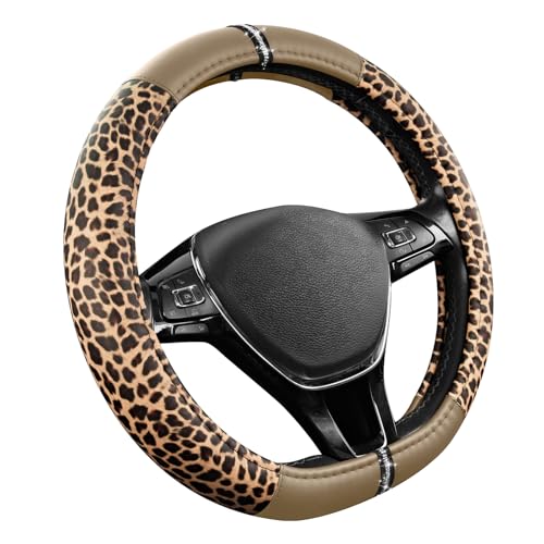 Road Comforts Leopard Steering Wheel Cover for Women, Cute Anti-Slip Microfiber Leather, Fits D Shape Flat Bottom Steering Wheel 14.5-15 Inch - Beige - color: D Shape-Beige