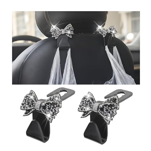 Bling Car Headreat Hook, 2PCS Crystal Rhinestone Cute Bow Vehicle Seat Back Hanger Storage for Purses Bags Grocery, Diamond Auto Rear Seat Organizer, Universal for SUV Truck Sedan (Black) - style: Black/2PCS