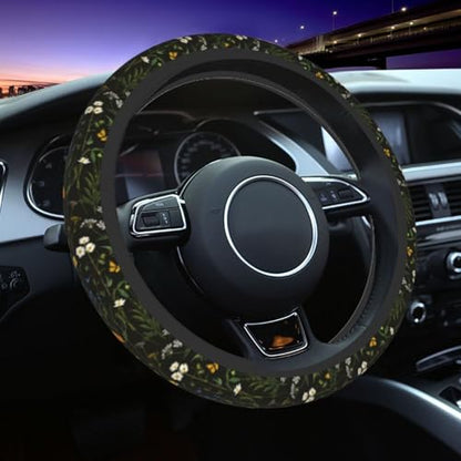 Floral Steering Wheel Cover Elastic Non-Slip Car Steering Wheel Covers with Seat Belt Shoulder Pad for Women Men - color: Floral
