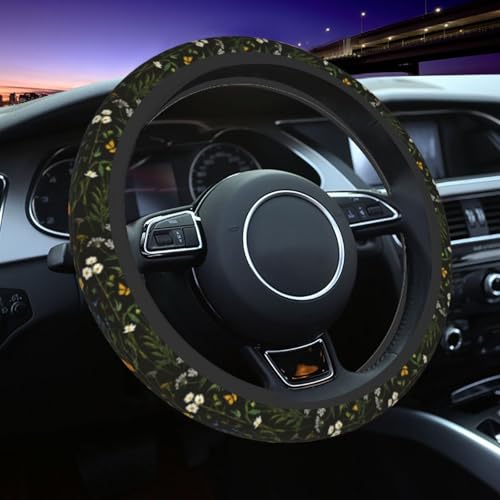 Floral Steering Wheel Cover Elastic Non-Slip Car Steering Wheel Covers with Seat Belt Shoulder Pad for Women Men - color: Floral