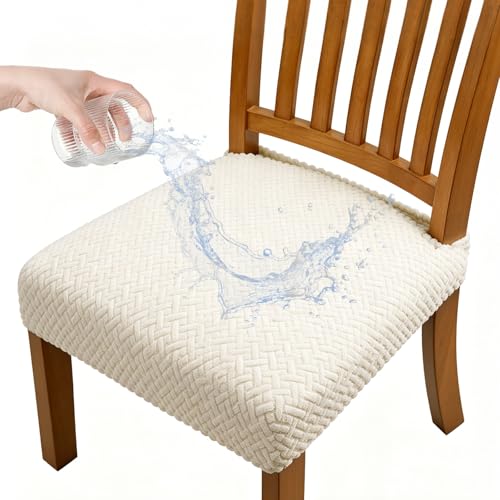 Dioxide Waterproof Seat Covers for Dining Room Chairs, Stretch Chair Covers Slipcover Protector Kitchen Chair Seat Covers for Hotel Banquet Party (Rear-Gapped,Off-White, 4PCS) - color: Waterproof-off-white, size: set of 4