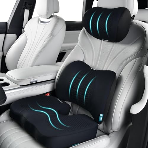 3 PCS Seat Cushion for Carseat Lumbar Support Pillow Car Neck Headrest Pillows Memory Foam Gel Memory Foam Massage Point Seat Pads Pressure Relief Back Cushion for Office Chair(Black) - color: Black, size: Cushion+lumbar+headrest