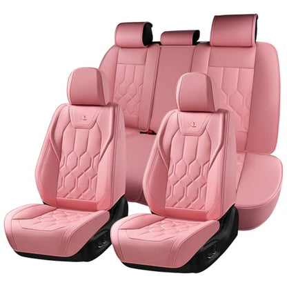 Huidasource Leather Car Seat Covers Full Set, Full Coverage Universal Fit for Most Cars SUVs Trucks, Easy Install with Velcro, Airbag Compatible, Retains Seat Functions & Cupholders, Pink - color: FS: Pink, size: Full Set