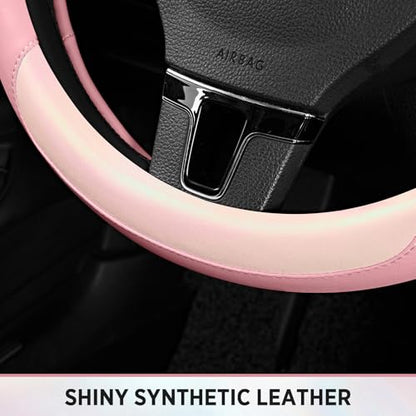 Road Comforts Steering Wheel Cover – Breathable Leather Steering Wheel Cover, Anti-Slip Grip, Universal Fit 14.5” to 15”, Heat & Cold Resistant for Cars, SUVs, and Trucks – Shining Pink & Pink - color: Pink&Pink