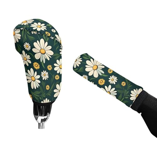 Daisy Printed Car Handbrake Cover and Gear Shift Cover Sets for Women Men, Soft Elastic Car Handbrake Cover with Shift Knob Cover, Universal Fits Car Interior Accessories, Set of 2 - color: Daisy - Green and White