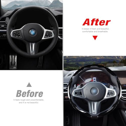 Car Steering Wheel Cover Set Bright Carbon Fiber Wrap Non-Slip 3pcs Steering Wheel Accessories 14.5-15 inch Universal (Black) - color: Black Black Black