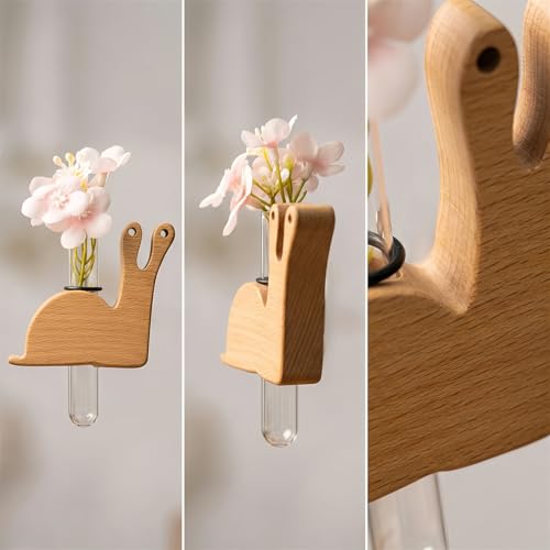 Little Glass Flower Vase Air Vent Clip, Wooden Stand Car Aroma Diffuser, Car Air Vent Decor Plant Holder, Auto Interior Decorations (Beech Snail)