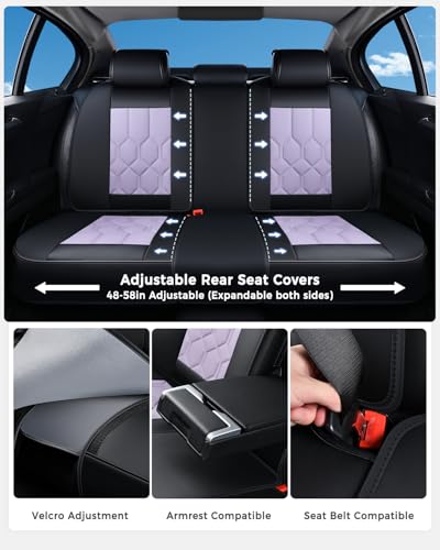Huidasource Seat Covers Full Set, Universal Fit for Most Cars SUVs Trucks, Full Coverage Leather Seat Cover, Airbag, Cupholder Compatible, Seat Function Retain, Easy Install with Velcro, Black&Purple - color: FS: Black&Purple, size: Full Set