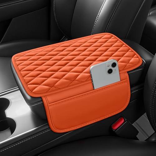 Waterproof Leather Car Center Console Pad with 2 Storage Bags, Auto Armrest Box Cover Protector, Comfortable Interior Accessories for Most Household Cars, Sedans & SUV (Orange) - color: Orange