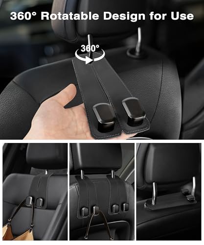Car Hooks for Headrest, 2Pcs Seat Back Storage Hook Luxurious Leather 100% Metal Multifunctional Car Hanger & Holder for Heatrest, Seat, Bag, Purse (Black) - color: BLACK 2Pack