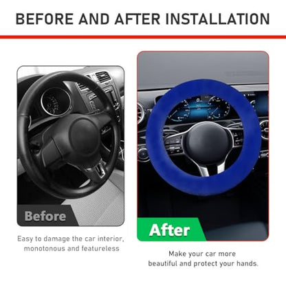 Ohleats 6 PCS Fluffy Steering Wheel Covers Set, 15'' Furry Car Wheel Cover, Soft Gear Shift & Handbrake Cover, Center Console & Seat Belt Shoulder Pads for Women, Car Accessories (Royal Blue) - color: Royal Blue